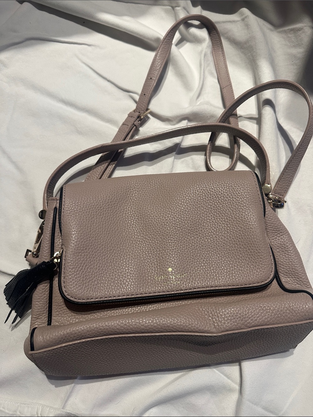 kate spade mauve taupe pebbled leather crossbody with tassel